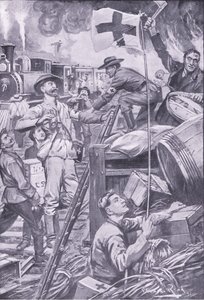 Faux ambulanciers détruisant des magasins à Komati Foort sous couvert du drapeau de la Croix-Rouge, illustration de Après Pretoria : La guerre de guérilla, 1902 - Edward Read