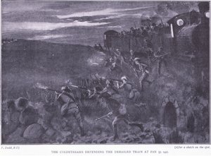 Les Coldstreams défendant un train déraillé, illustration de Après Pretoria : La guerre de guérilla, 1902 - Edward Read