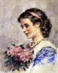 Jeune fille avec un bouquet de fleurs roses