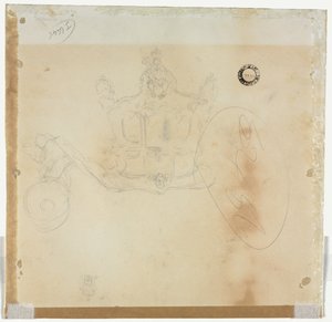 Étude pour le taxi et la roue avant gauche du carrosse et étude pour la tête de la figure couronnée assise sur le carrosse (verso)