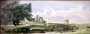 Scène au bord de la rivière avec une écluse, c.1860