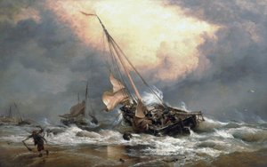 Pêcheurs tirant leurs bateaux sur le rivage de la mer du Nord, près de Scheveningen (Hollande) - Edward William Cooke