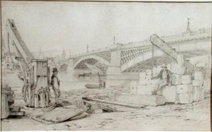Vue du Pont de Southwark et de la Tamise depuis Bankside, avec deux grues au premier plan - Edward William Cooke