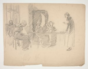 Étude précoce pour Stony Ground 1884, intérieur avec figures - Edwin Austin Abbey