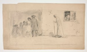 Groupe de figures devant une maison en pierre - illustration non identifiée - Edwin Austin Abbey