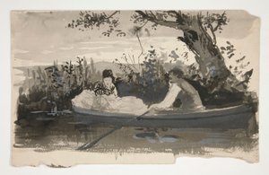 Homme et femme dans une barque, près de la rive - illustration non identifiée - Edwin Austin Abbey