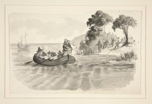 Hommes dans un canot fuyant les Indiens sur le rivage - illustration non identifiée (Christophe Colomb découvrant le Nouveau Monde?) - explorateurs débarquant dans le Nouveau Monde - Edwin Austin Abbey