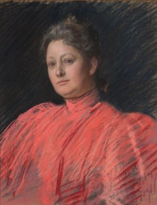 Portrait de Mme Abbey en robe rose, longueur de la taille - Edwin Austin Abbey