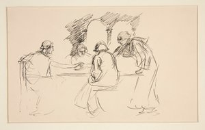 Esquisse de quatre hommes en costume médiéval à une table - illustration non identifiée, possiblement pour - Edwin Austin Abbey