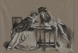 Étude. Dame et gentilhomme en conversation à travers une table