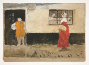 Étude de scène de rue, homme à la porte, femme en robe rouge - Edwin Austin Abbey