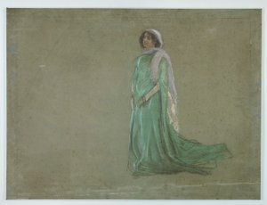 Étude, femme en longue robe verte, écharpe rose - Edwin Austin Abbey