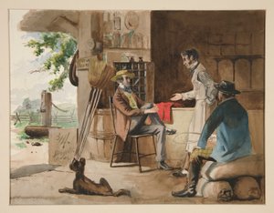Trois hommes dans un magasin de tissus - magasin de campagne, Dolbyville - Edwin Austin Abbey