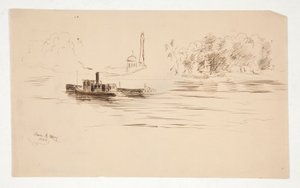 Remorqueur Poussant une Péniche sur la Rivière - Edwin Austin Abbey