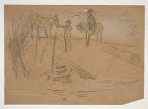 Deux hommes et deux chevaux dans un paysage - illustration non identifiée - Edwin Austin Abbey