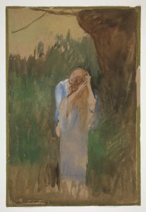 Femme dans un paysage, peignant ses longs cheveux blonds - (illustration non identifiée) - Edwin Austin Abbey