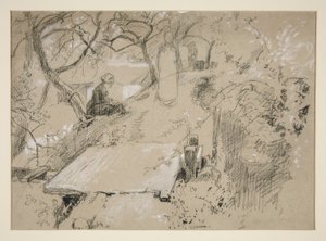 Femme assise sur un banc dans un jardin ou un parc public - illustration non identifiée - Edwin Austin Abbey