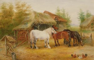 Chevaux de trait dans une cour de ferme