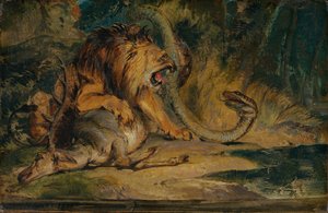 Lion défendant sa proie, vers 1840