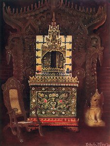 Mobilier asiatique de la collection de Lord Curzon de Kedleston, G.C.S.I., D.C.L., etc. Porte sculptée et dorée birmane de Mandalay. Boîte à manuscrits bouddhiste (Poongyi) et sanctuaire (Sadaik) en bois