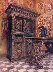 Armoire en chêne sculpté, portant le chiffre de Lambert Suavius de Liège. Table en chêne sculpté - Edwin John Foley