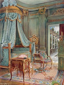 Lit à baldaquin sculpté et doré. Bureau-Toilette (ou Petit Secrétaire) en marqueterie. Cartonnier en laque verte - Edwin John Foley