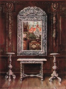 Miroir, guéridons et table recouverts de plaques d