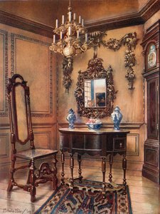 Boiseries, avec sculptures de Grinling Gibbon. Cadre de miroir, table en noyer, William et Mary. Chaise en noyer, horloge haute de Charles Wesley - Edwin John Foley