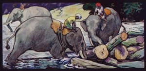 Éléphants manipulant des bûches dans la rivière