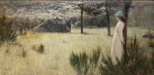 La jeune bergère et sa chèvre dans un pâturage printanier - Edwin Sherwood Calvert