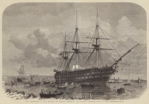 HMS Agamemnon, 91 canons, chargeant la portion anglaise du câble sous-marin atlantique à East Greenwich