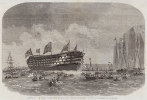 Lancement du navire de guerre à vis HM Royal Sovereign, 131 canons, à Portsmouth - Edwin Weedon