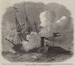 La guerre civile en Amérique, engagement naval à Hampton Roads, le vapeur cuirassé confédéré Merrimac (ou Virginia) percutant la goélette fédérale Cumberland - Edwin Weedon