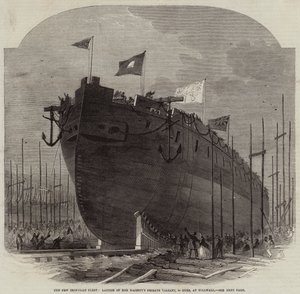 La nouvelle flotte cuirassée, lancement de la frégate de Sa Majesté Valiant, 34 canons, à Millwall