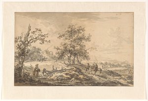 Femme avec enfant et homme avec âne dans un paysage