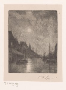 Vue de rivière dans une ville la nuit - Egide François Leemans (signed by artist)