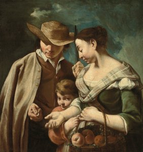 Un vendeur de fruits et un jeune garçon, avec un panier de pêches, poires et raisins, dans un paysage, avec un homme tenant un fusil et une pièce de monnaie