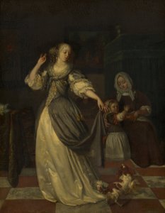 Dame jouant avec un chien - Eglon van der Neer