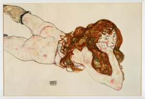 Nu féminin couché sur le ventre - Nu sur elle ... (gouache et crayon noir) - Egon Schiele