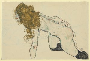 Nu féminin accroupi avec cheveux blonds et bras gauche reposant (recto)