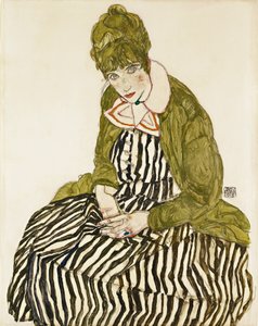 Edith Schiele en robe à rayures, assise - Egon Schiele
