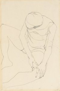 Nu féminin penché en avant, les deux mains sur la cuisse gauche - Egon Schiele