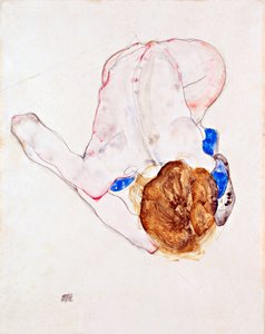 Femme nue aux bas bleus, penchée vers l