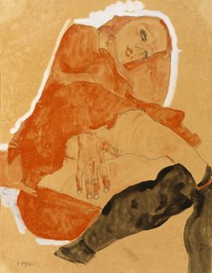 Fille en robe rouge et bas noirs - Egon Schiele