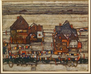 Maisons et linge coloré, banlieue, aussi Deux pâtés de maisons avec des cordes à linge ... - Egon Schiele