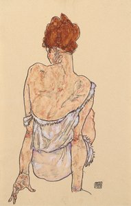 Femme assise en sous-vêtements, vue de dos - Egon Schiele