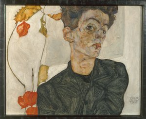 Autoportrait aux fruits de lampions ... (huile et aquarelle sur toile) - Egon Schiele