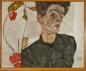 Autoportrait à la lanterne chinoise et aux fruits (peinture sur bois) - Egon Schiele