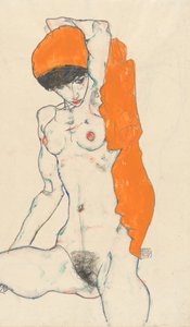 Nu debout avec draperie orange recto : Étude de nu avec bras levés verso, 1914