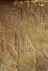 Anubis tenant la momie, relief de la tombe de Maia, nourrice de Toutankhamon, Saqqara, Égypte, Civilisation égyptienne, Nouvel Empire, XVIIIe dynastie, Détail